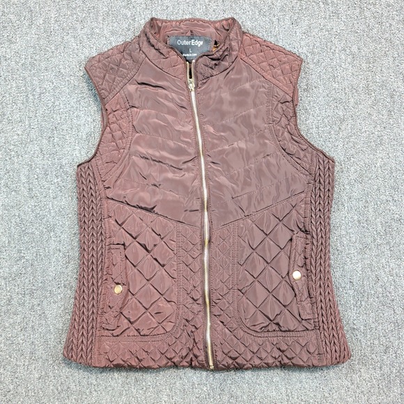 OuterEdge Mob Wife Quilted Puffer Vest L Brown Leopard Faux Fur Lined Sleeveless — photo 2